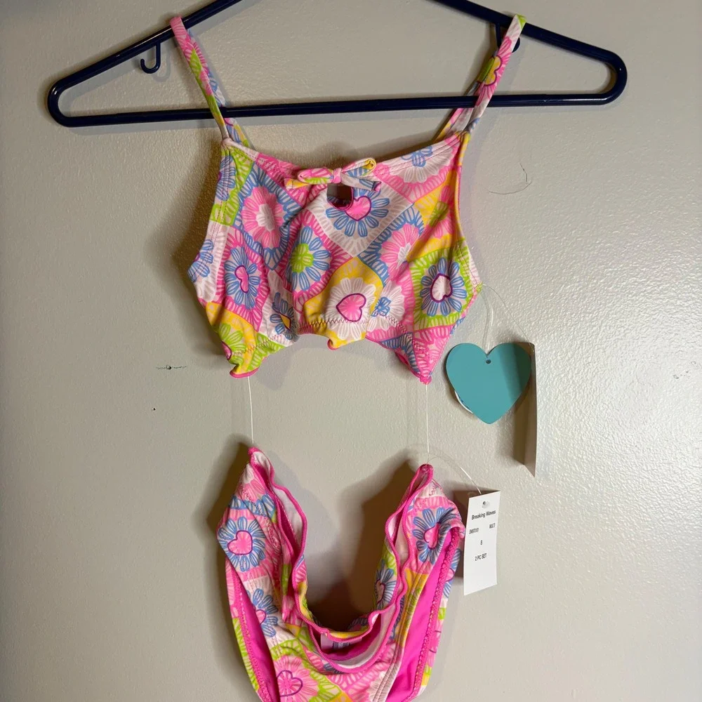 Breaking Waves Girls Size‎ 8 Bikini Set Floral Heart Multi Color UPF 50 New